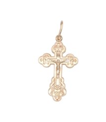 Gold ornate crucifix pendant with Jesus figure, loop for chain, decorative floral edges