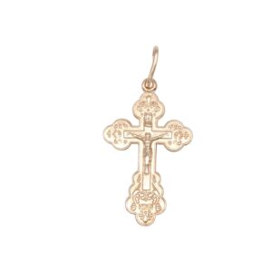 Gold ornate crucifix pendant with Jesus figure, loop for chain, decorative floral edges