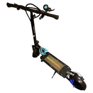 Electric scooter with a black frame, digital display on the handlebar, and a blue charging cable looped on the deck.