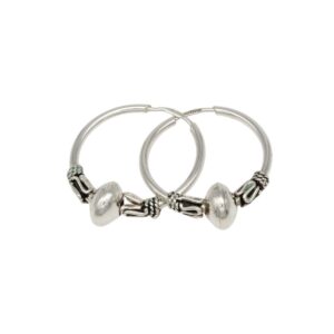 Two silver hoop bracelets with beaded end caps and green accents, lying side by side in a jewelry photo.