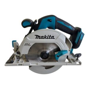 Cordless Makita circular saw with blue and black handle and exposed drive blade area.