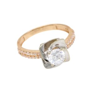 Rose-gold ring with pavé diamonds along the band and a central round diamond in a silver setting with petal-like accents.