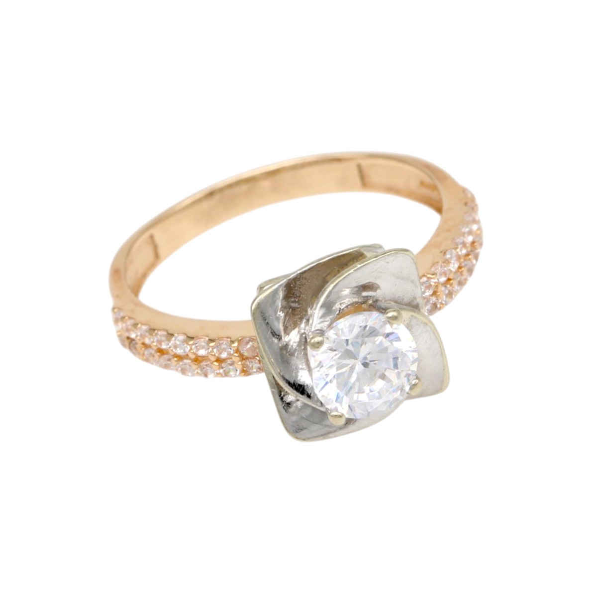 038036b8ed3703f3edfdf136b4cc11dcjpg - Mezola OÜ Rose-gold ring with pavé diamonds along the band and a central round diamond in a silver setting with petal-like accents.