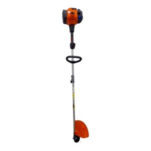 Gas-powered string trimmer with orange engine, long silver shaft, black handle, and orange protective guard at the head (standing upright).