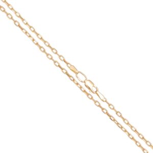 Gold chain necklace with a lobster-claw clasp diagonally across a white background.