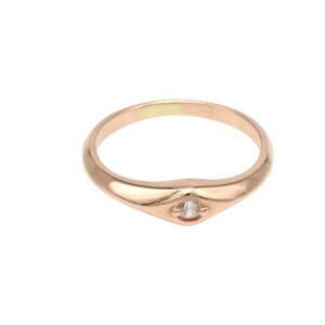 Rose gold ring with a small central diamond setting on a smooth band, elegant and minimalist.