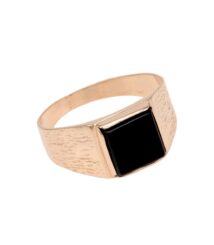 Rose gold signet ring with a black square stone centerpiece on a textured band.