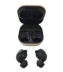Open beige charging case with two black wireless earbuds inside; two extra earbuds placed below.