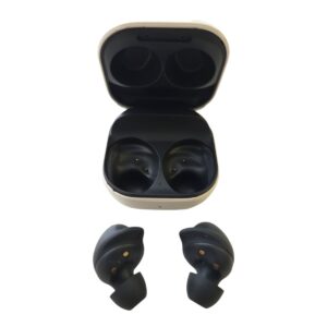 Open beige charging case with two black wireless earbuds inside; two extra earbuds placed below.
