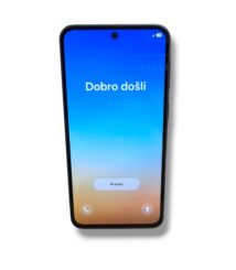 Tilted smartphone showing a welcome screen with blue gradient and the words 'Dobro došli' and a 'Krenite' button.