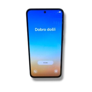 Smartphone showing a welcome/setup screen with the text 'Dobro došli' and a 'Krenite' button on a blue-to-orange gradient background