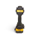 Cordless drill standing upright, back view with a yellow battery pack attached at the base.