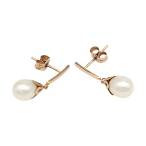 Gold earrings with white pearly drop studs on curved gold posts for pierced ears