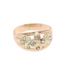 Rose gold ring with a curved band and a cluster of pink and clear gemstones set in gold accents on the front.