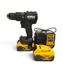 DeWALT cordless drill with two 18V XR batteries and charger on a white background.