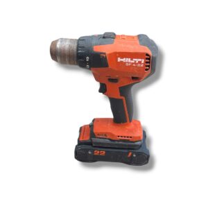 Cordless drill/driver with orange and black body and a metal chuck, on a battery pack at the base