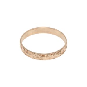 Rose gold wedding band with a delicate engraved floral pattern along the outside surface.