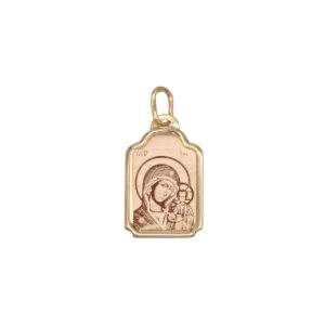 Gold pendant medal showing the Virgin Mary holding Baby Jesus, in a rounded rectangular frame with a loop for a chain