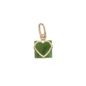 Gold heart pendant mounted on a green square charm, hanging from a loop.