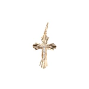 Gold cross pendant with sunburst rays and a central crucifix figure, on a small loop bail