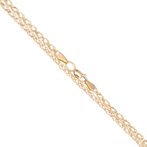 Close-up of a delicate gold rope chain necklace with a lobster claw clasp on a white background.