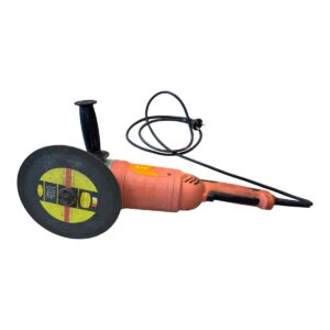 Corded orange angle grinder with a large black grinding disc and side handle on a white background.