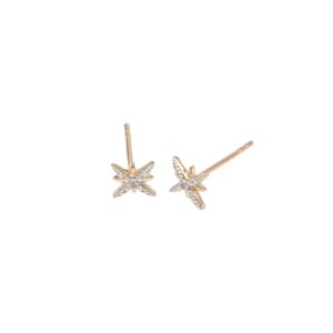 Rose gold starfish stud earrings with clear stones on a white background, front view (pair).