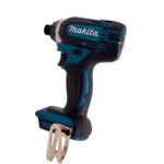 Cordless Makita drill with blue and black body and metal bit holder seen from side (power tool)
