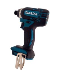 Cordless Makita drill with blue and black body and metal bit holder seen from side (power tool)