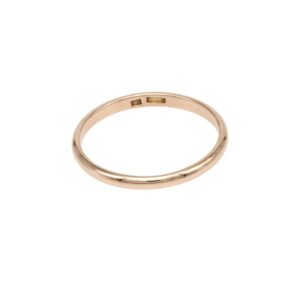 Rose gold wedding band ring on a white background, smooth and polished.