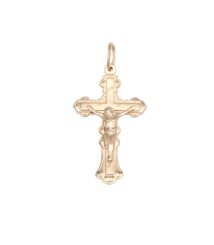 Gold crucifix pendant with Jesus on the cross and decorative edges, loop at top for a chain