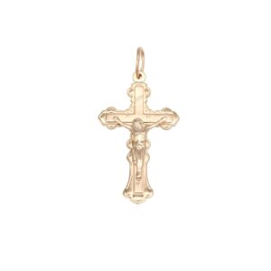 Gold crucifix pendant with Jesus on the cross and decorative edges, loop at top for a chain
