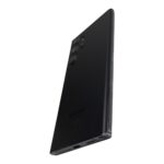 Back view of a black Samsung smartphone with quad-camera module in the top-left corner, angled slightly to the side.