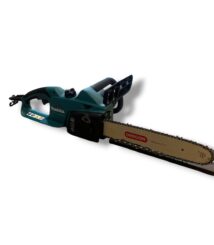 Makita cordless chainsaw with a long Oregon brand bar and chain, teal body, ready to cut wood.