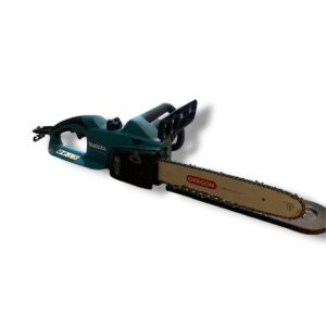Makita cordless chainsaw with a long Oregon brand bar and chain, teal body, ready to cut wood.
