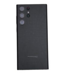 Back of a black Samsung Galaxy smartphone showing the triple camera array and rear branding.