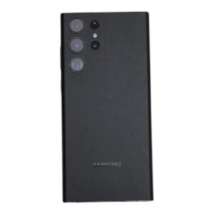 Back of a black Samsung Galaxy smartphone showing the triple camera array and rear branding.