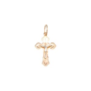 Gold cross pendant with a silver crucifix figure in the center and etched decorative edges.