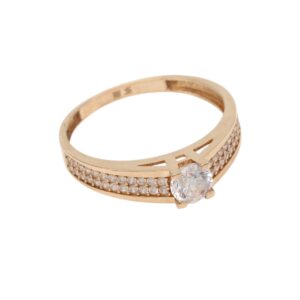 Gold engagement ring with a large central diamond and pavé-set diamonds along the band