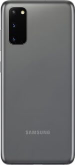 Back of a gray Samsung smartphone with a vertical triple-camera module in the top-left corner.