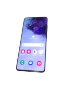 Tilted smartphone showing home screen with app icons (Galaxy Store, Gallery, Play Store, Google) on a purple wallpaper background