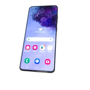 Tilted smartphone showing home screen with app icons (Galaxy Store, Gallery, Play Store, Google) on a purple wallpaper background