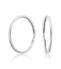 Silver hoop earrings in two sizes, large and small, with polished reflective finish.