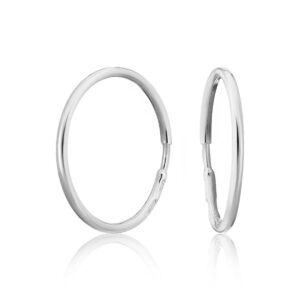Silver hoop earrings in two sizes, large and small, with polished reflective finish.