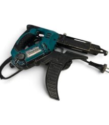Corded electric nail gun with teal body and black grip on a white background, ready to fire nails.