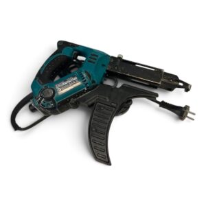 Corded electric nail gun with teal body and black grip on a white background, ready to fire nails.