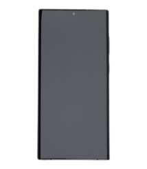 Front view of a tall black smartphone with the screen off (dark gray display).