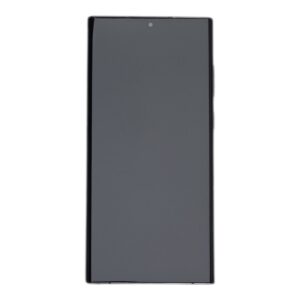 Front view of a tall black smartphone with the screen off (dark gray display).