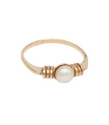 Gold ring with a single white pearl at the center, flanked by decorative coil accents on the band.