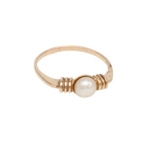 Gold ring with a single white pearl at the center, flanked by decorative coil accents on the band.